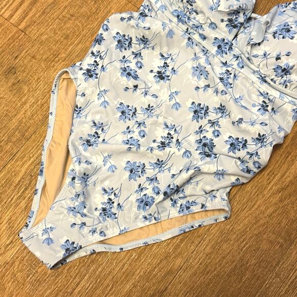 A Pea in the Pod Maternity Blue Floral Ruffle One-Piece Swimsuit Size Small - Picture 6 of 14